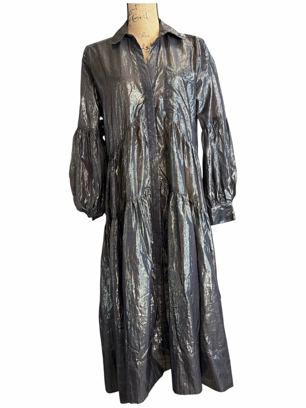 Pilcro Long-Sleeve V-Neck Metallic High-Low Dress from Anthropologie, EC Small